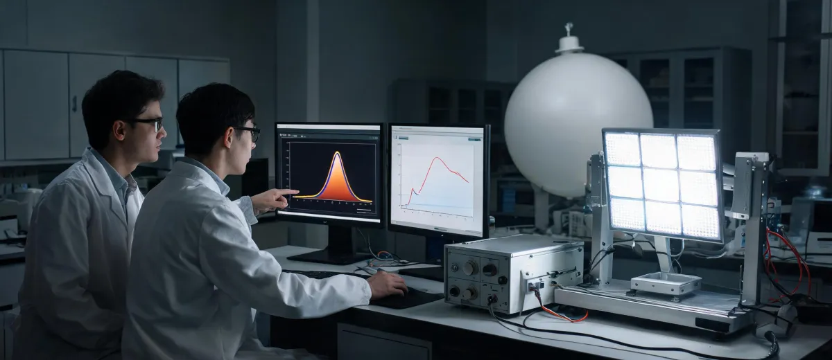Lighting engineers reviewing LED source measurements